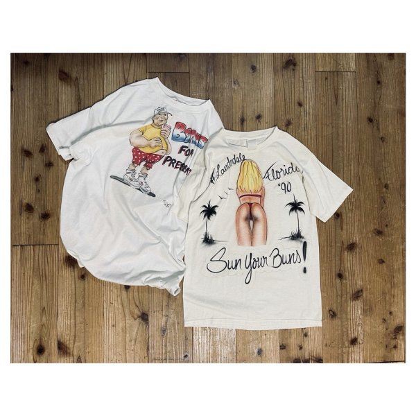 画像1: Vintage/Used 80-90s Air brush Art graphic Tee. "Sun your Buns" & "Bones 4 President"